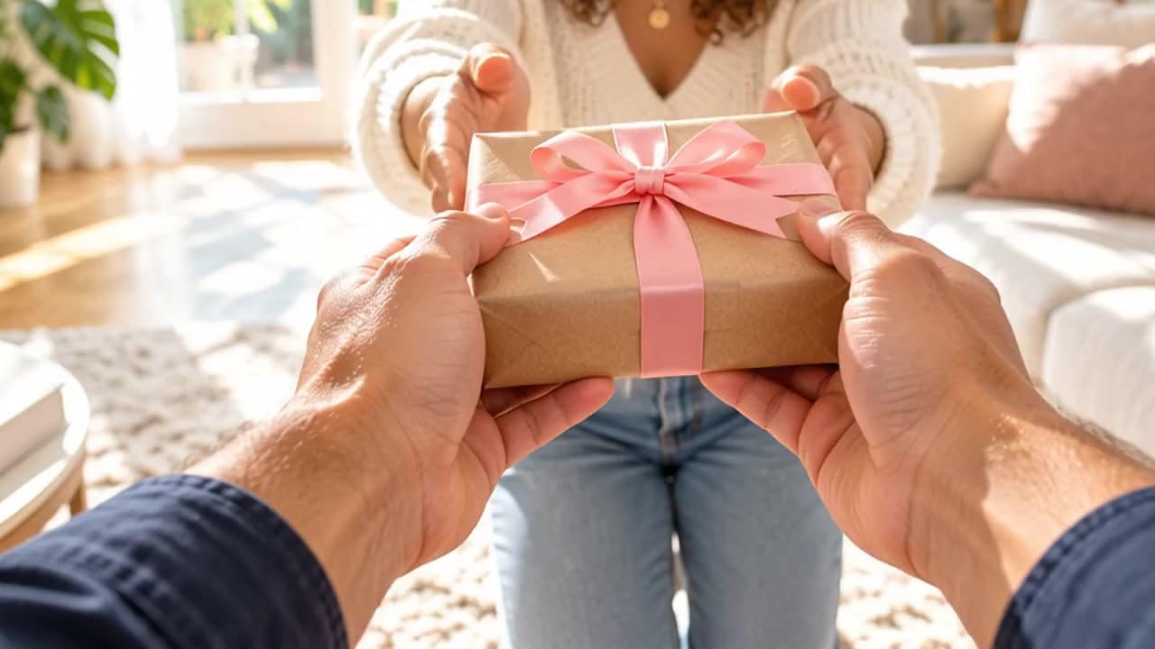 Hands hand over a kraft-paper gift tied with a pink ribbon; the recipient unties it, opens the box and lifts out a gold bracelet (AI-generated).
